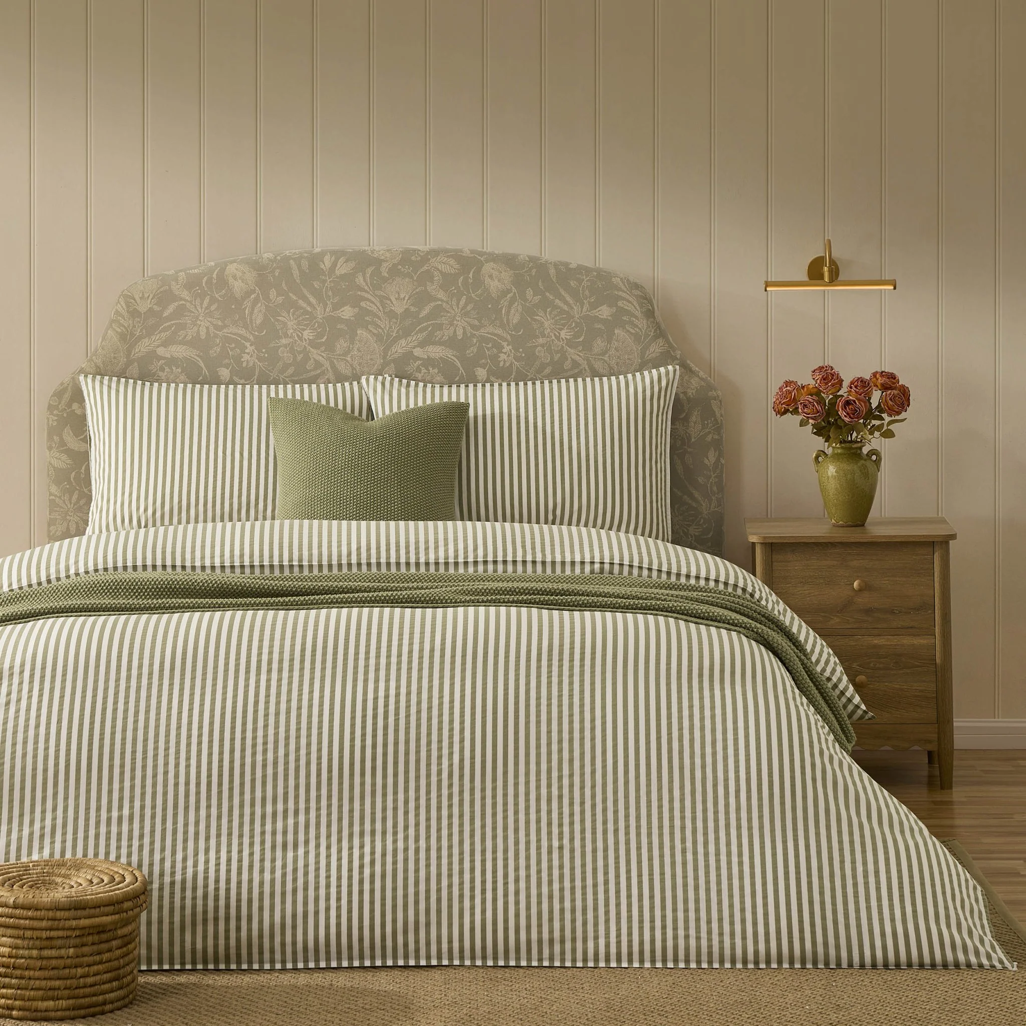 Washed Cotton Printed Stripe 200 Thread Count Duvet Cover & Pillowcase Set - Olive
