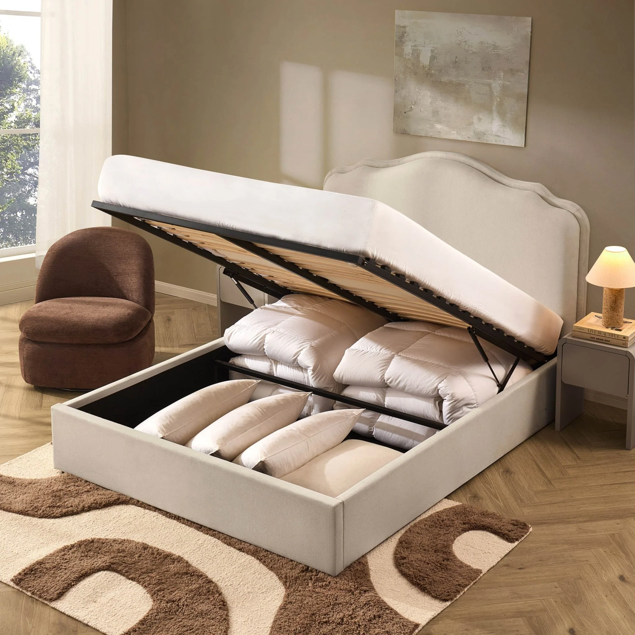 Wiltshire Ottoman Storage Bed - Cream Linen - Image 3